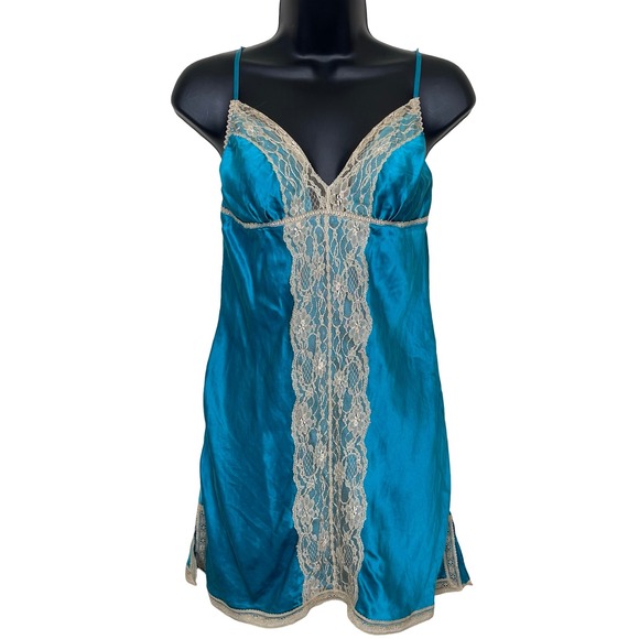 Vtg Wet Seal Teal Blue 100% Silk Lace‎ Trim Slip Dress Lingerie L Babydoll Y2K - Picture 1 of 9